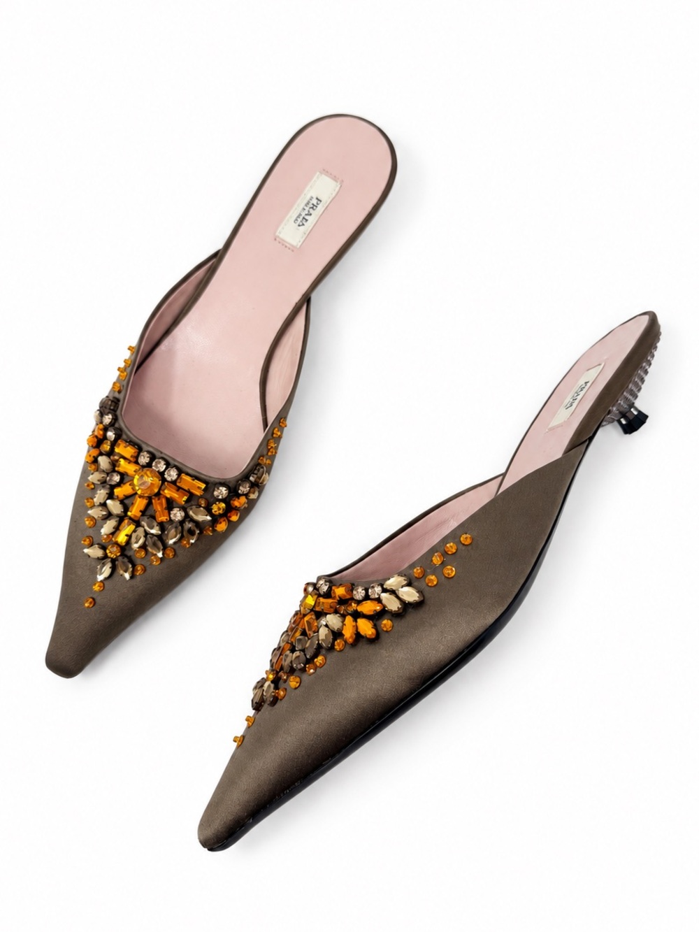 Vintage Prada Satin Embellished Pointed Toe Kitten Heel Mules EU 36